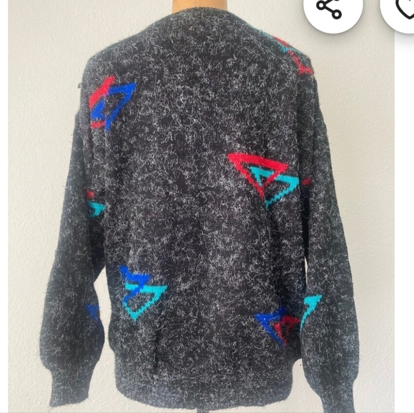 Vintage 1980s black Fuzzy with Triangles crewneck acrylic Sweater Medium - Picture 3 of 7
